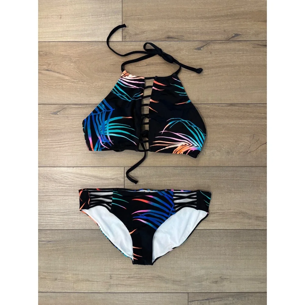 PINK Victoria's Secret Mini Bikini Set Women Medium Black Tropical Ladder Cutout - Picture 5 of 6